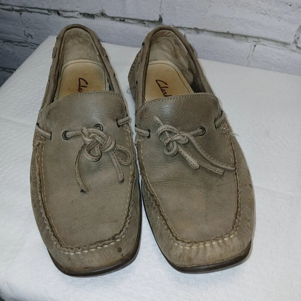 MENS CLARK ACTIVE AIR LEATHER BOAT SHOES, GRAY, SIZE 9.5, GOOD CONDITION